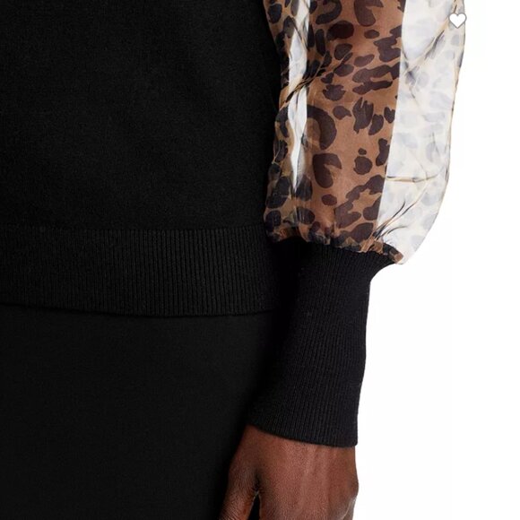 SALE! new SIONI Sheer Leopard Sleeve Black Wool Blend Mock Neck Top 252 - Picture 7 of 8